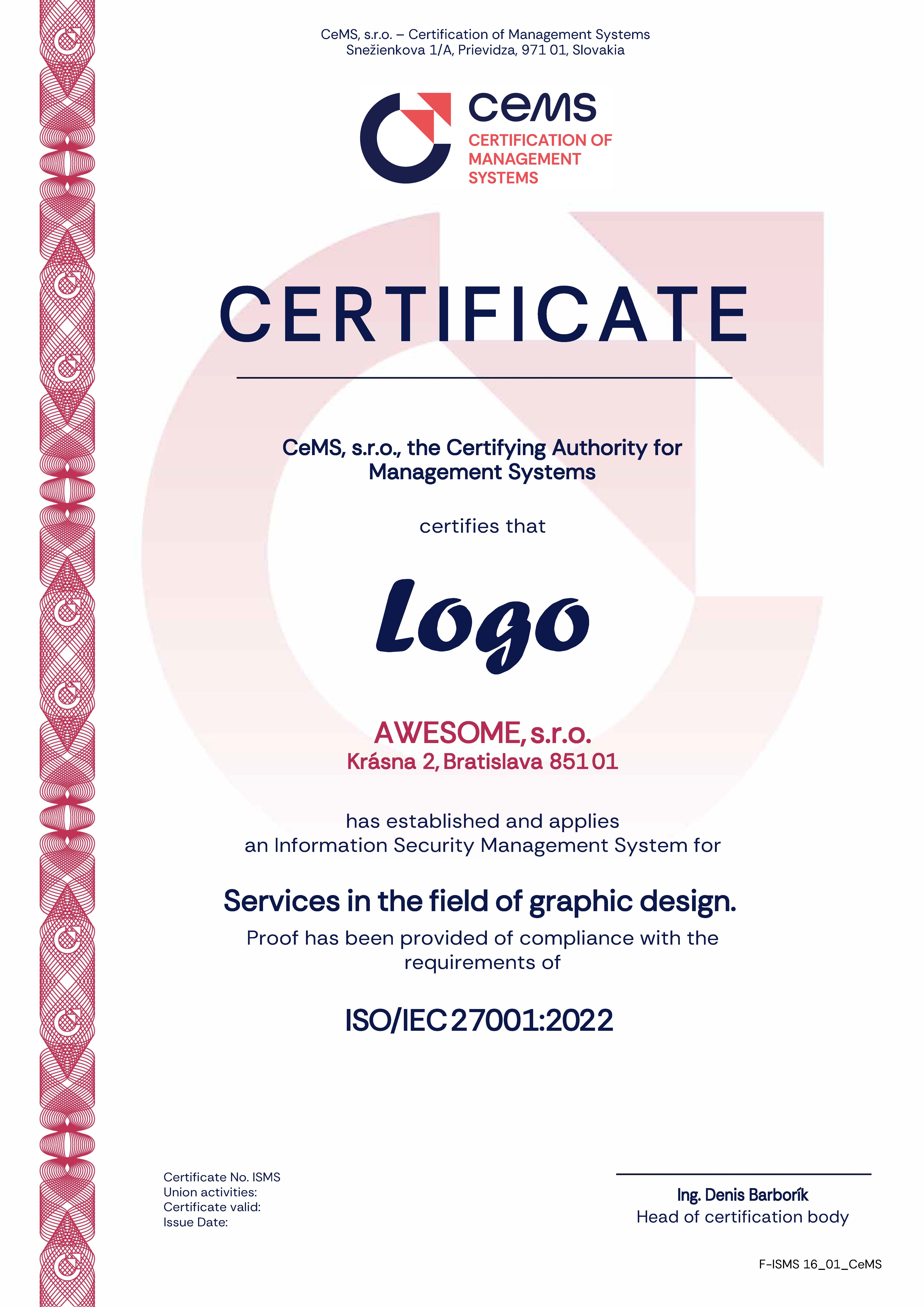 Certificate ISO/IEC 27001 by CeMS